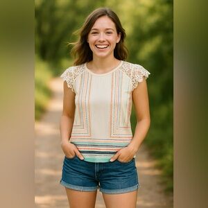 Bisou Bisou multi color top with lace cap sleeves. NWT. Size M PTP 19”